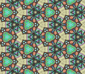 Seamless hexagonal pattern from geometrical abstract floral ornaments multicolored in green shades on a brown background. Vector illustration. Suitable for fabric, wallpaper and wrapping paper