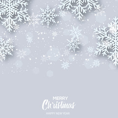 Merry Christmas greeting card with falling white snowflakes. Vector.