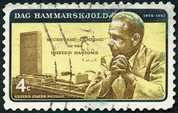 USA - 1962: shows portrait of Dag Hjalmar Agne Carl Hammarskjold (1905-1961) and UN Headquarters