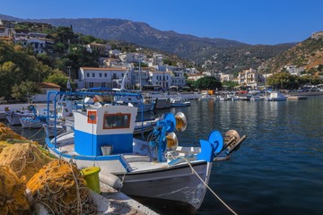 beautiful view to the picturesque fishing harbor of Agios Kirikos, Ikaria, North Aegean, Greece