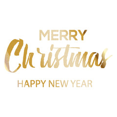 Merry Christmas greeting card with gold handwritten text. Vector