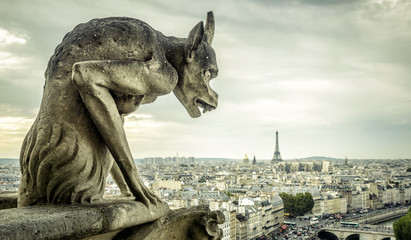 Gargoyle on Notre Dame de Paris cathedral looks at Eiffel Tower, France