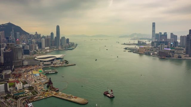rainy day famous harbor traffic cityscape aerial timelapse panorama 4k hong kong
