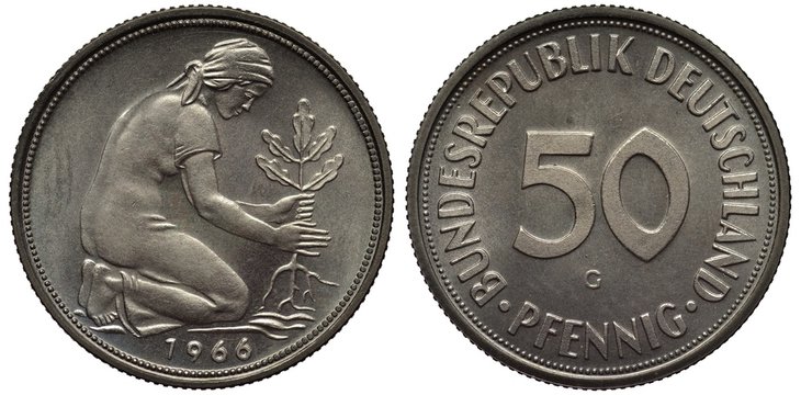 Germany German coin 50 fifty pfennig 1966, woman planting oak tree, large digits of value in center, 