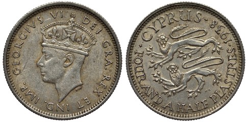 Naklejka premium British Cyprus Cyprian silver coin 4 1/2 four and a half piastres 1938, head of King George VI left, two rampant lions surrounded by country name, denomination and date,