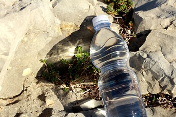 Una botella de agua mineral,con vaso sobre una roca