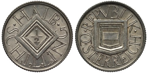 Austria Austrian silver coin 1/2 half shilling 1925, denomination within rhombus, shield with stripes in center,