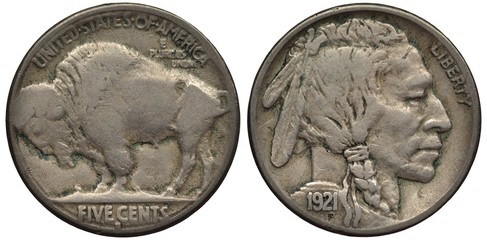 US United States rare date coin 5 five cents 1921, buffalo left, Indian chief head right, date below,