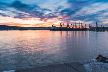 A picturesque sunset over the sea station in Varna.