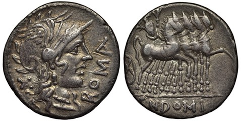 Ancient Roman Republic silver coin, denarius, 116-115 BC, head of Roma in winged helmet right,...