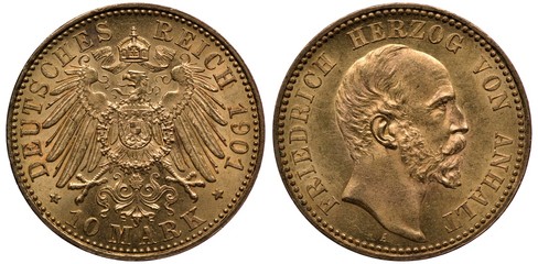 Germany German Anhalt rare golden coin 10 ten mark 1901, crowned imperial eagle with shield on chest surrounded by order chain, head of ruler Duke Friedrich right,