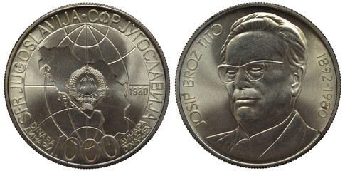 Yugoslavia Yugoslavian silver coin 1000 one thousand dinara 1980, subject Tito’s death, arms in...
