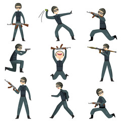 Soldiers in camouflage uniforms are trained to combat readiness to work out different tricks with weapons.