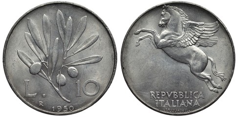 Italy Italian aluminum coin 10 ten lira 1950, olive branch divides denomination, date below, winged horse Pegasus left, 