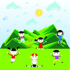 Joyful children are bouncing against the background of the green mountains, bright modern design element for web