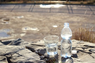 Una botella de agua mineral,con vaso sobre una roca