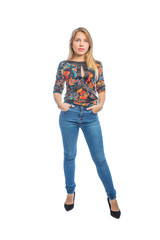 Obraz premium Beautiful girl in trendy jeans on isolated background