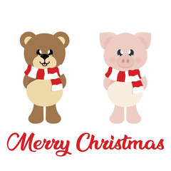 winter christmas cartoon bear with scarf and christmas pig with christmas text