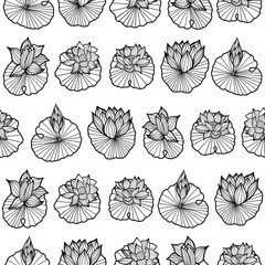 Black and white lineart waterlily-lotus pads arranged in rows seamless vector repeat pattern. © KaliaZen