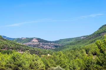 Fototapeta na wymiar View of the green hilly mountainous terrain of the thasos island greek
