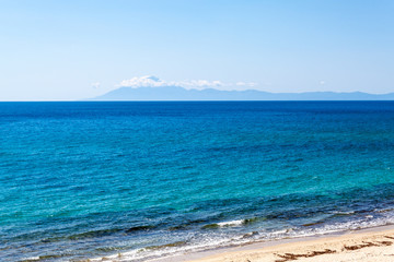 View from the Aegean Sea to the big mountain on the Greek island of Thassos