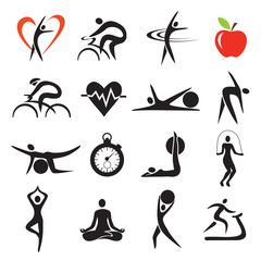 Health Fitness  sport icons sets.
Set of fitness and healthy lifestyle stylized icons.Isolated on white background. Vector available. 