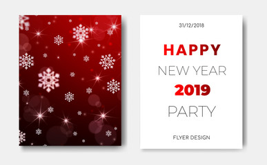 Set of 2 Happy New Year night banner flyers with Christmas snowflakes,glowing stars,light flashes,highlight circles on dark red backdrop.Night club party flyer poster,greeting card,web online concepts