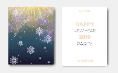 Set of 2 Happy New Year night banner flyers with Christmas snowflakes,glowing stars,light flashes,highlight circles on blue backdrop.Night club party flyer poster,greeting card,web online concepts