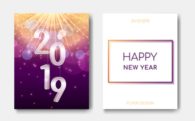 Happy New Year night flyers banner with silver 3D numbers 2019,Sparks glitter glowing,star burst glow,light flashes on purple backdrop.Night club party flyer poster,greeting card,web online concepts