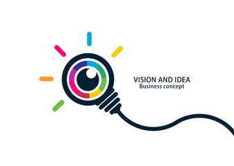 Vision and idea. Colorful eye bulb sign business concept.