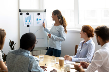 Mixed race female business coach presenting report standing near whiteboard pointing on sales statistic shown on diagram and chart teach diverse company members gathered together in conference room.