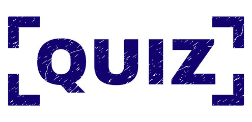 QUIZ title seal imprint with corroded texture. Text title is placed between corners. Blue vector rubber print of QUIZ with retro texture.