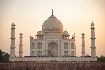 View of Taj Mahal at sunset, Agra, from the Mehtab Bagh across the Yamuna river, high resolution