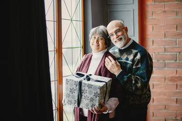 An elegant old couple are celebrating Christmas