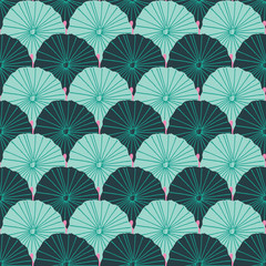 Mermaid or fish scale lotus leaves design in a colorful green and pink modern tropical style. Seamless vector repeat pattern.