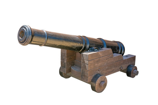 Vintage gun on wooden carriage isolated on white background