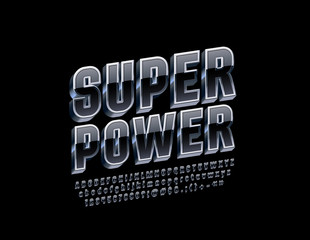 Vector metallic Logo Super Power with 3D Black and Silver Font. Reflective Letters, Numbers and Symbols.
