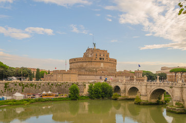 Saint Angel Castle and bridge over the Tiber river in Rome, Italy