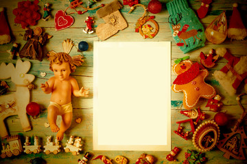 Fototapeta premium Christmas Baby Jesus, blank frame background cards