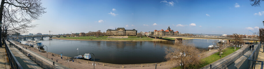 Fototapeta na wymiar Panoramic aerial view of the city including the Dresden Academy of Fine Arts cupola, the Albertinum Museum and the Elba River, Altstadt
