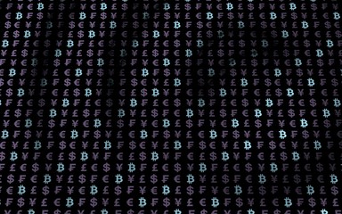 Bitcoin and currency on a dark background. Digital Cryptocurrency symbol. Wave effect, currency market fluctuations. Business concept. 3D illustration