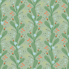 Green & orange floral leaf vines seamless vector pattern