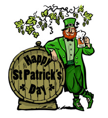 Happy St Patricks Day poster. Leprechaun character holding beer mug leaning on barrel with text under the branches of hops. Hand drawn sketch vector illustration.