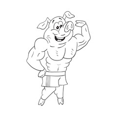 Black and white illustration of powerful male pig bodybuilder who shows his impressive muscles.  Funny cartoon character....