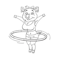 Black and white illustration of  cute female pig in a fitness sportswear who makes exercise with hula hoop.  Funny cartoon character....