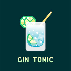 Alcohol cocktail gin tinic with decorations and name. Flat style vector illustration. Suitable for advertising, applications, menu design or web