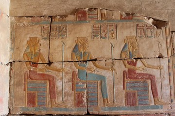 Ancient colored carvings in Ramses ii temple in Abydos in Souhag in Egypt