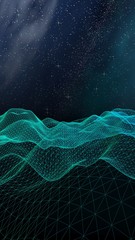 Abstract landscape on a dark background. Star horizon. Cyberspace grid. Hi-tech network. Outer space. Starry outer space texture. 3D illustration