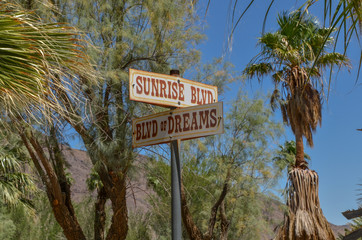 Sunrise Boulevard and Boulevard of Dreams crossing in Zzyzx (Soda Springs) Mojave National Preserve, San Bernardino County, California
