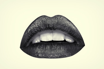 Female lips isolated on white background and colored in dark matte lipstick. Lip trendy make up for...
